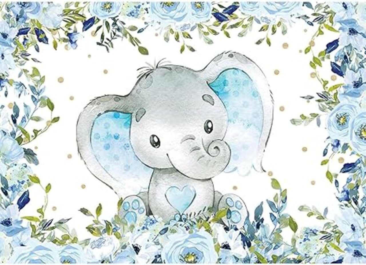 Elephant Boy Baby Shower Backdrop, Blue Floral Elephant Baby Shower Party Decorations It's A Boy Little Peanut Elephant Birthday Party Banner Supplies Photography Background 5x3ft